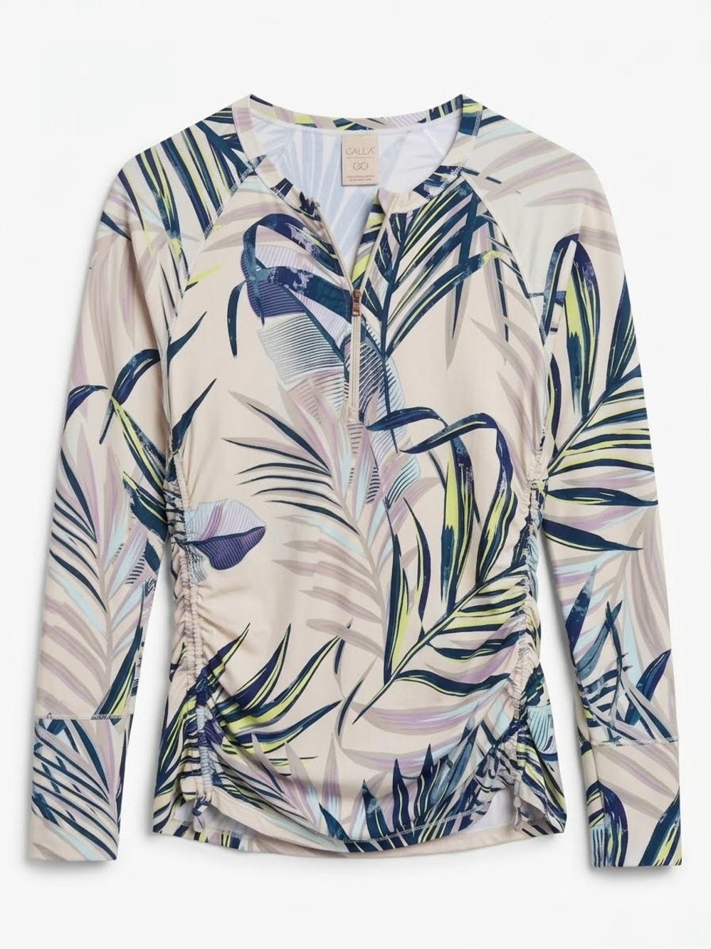 CALIA by Carrie Underwood Paradise Palm Ruched Swim Rashguard Top Size Large EUC